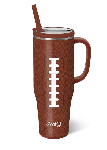 Swig 40 oz mega mug with brown football lacing graphic, straw lid and handle
