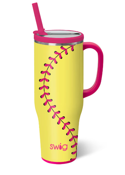 40 oz Swig mega mug in yellow with pink lid, straw, and softball vine graphic