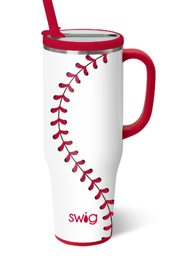 Swig 40 oz mega mug tumbler with baseball stitch graphic, red lid and straw
