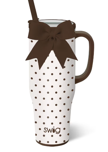 Swig 40 oz mega mug in white with brown dot pattern and bow lid