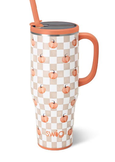 40 oz insulated travel mug with pumpkin check print, orange lid and straw