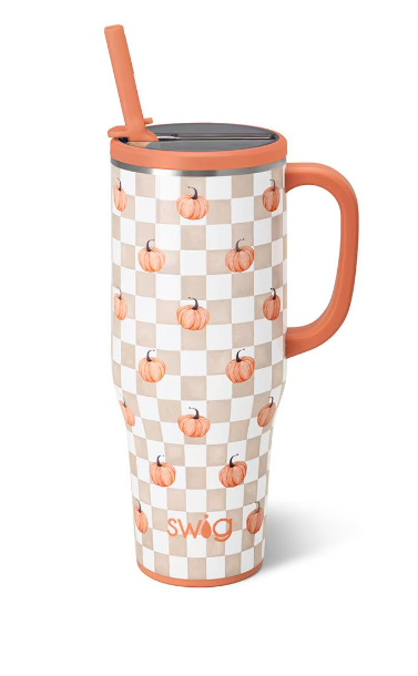40 oz insulated travel mug with pumpkin check print, orange lid and straw
