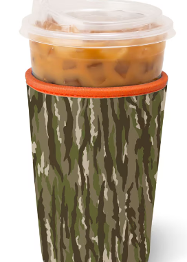 Woodland camo cup coolie with orange trim, fits medium iced drink cup