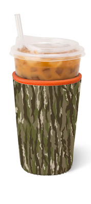 Woodland camo cup coolie with orange trim, fits medium iced drink cup