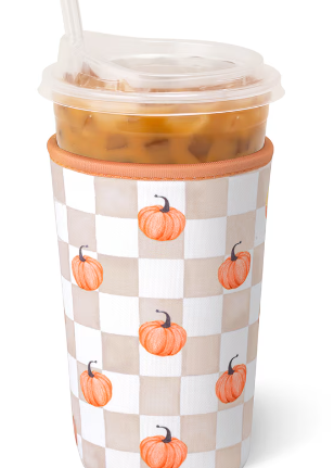Pumpkin check insulated cup coolie with orange ribbed band and cutout pumpkin pattern