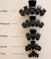Black claw clip set showing petite, small, medium, and tiny sizes