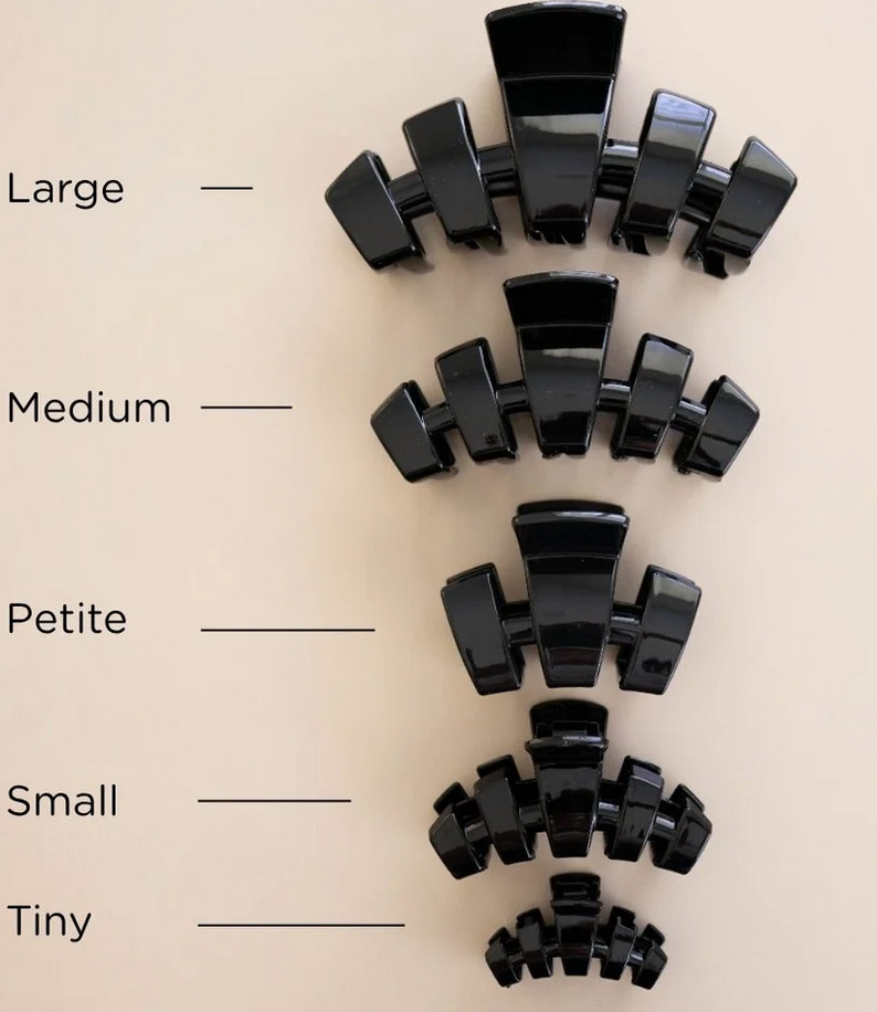 Black claw clip set showing petite, small, medium, and tiny sizes