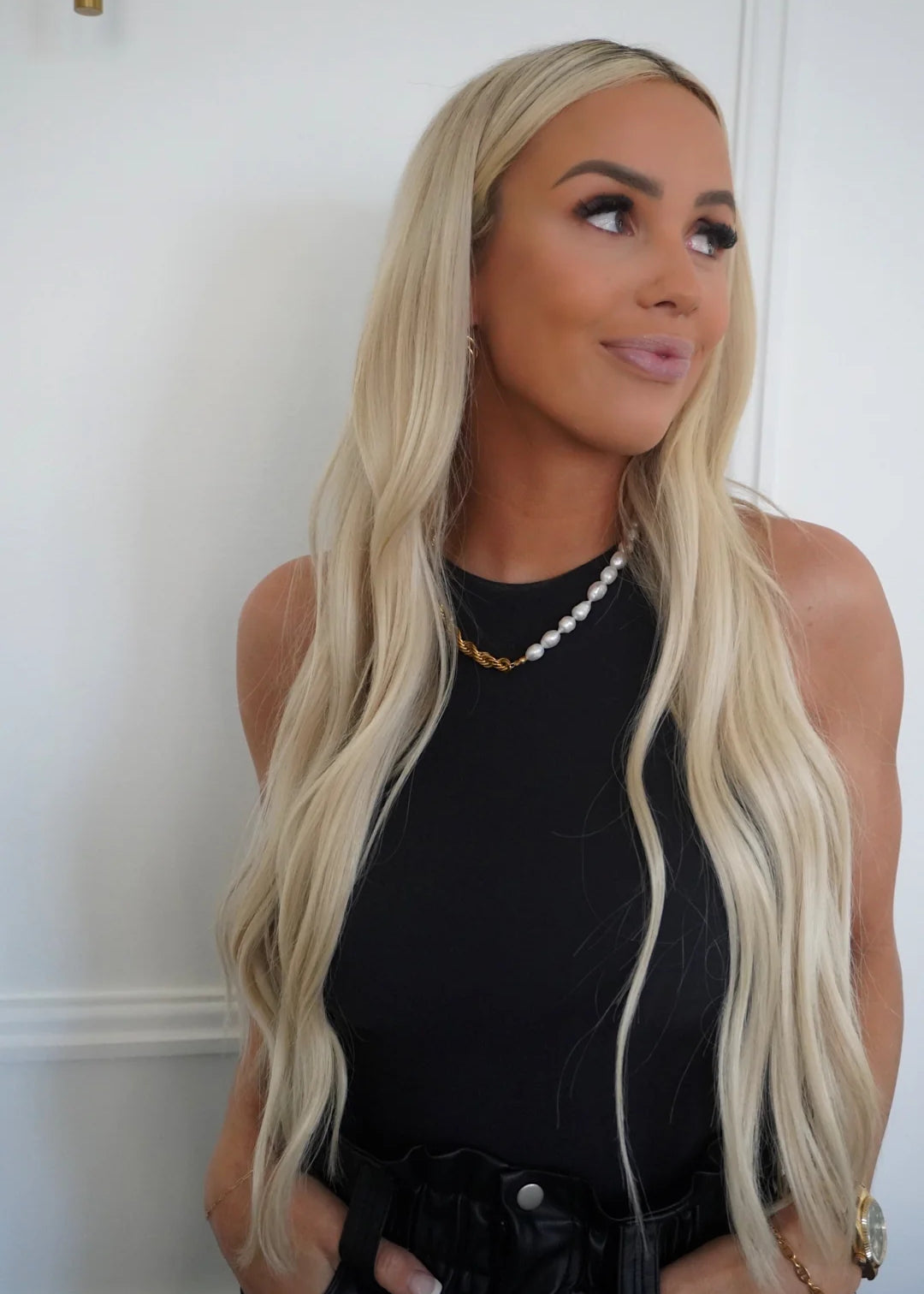 Willow necklace with white pearl beads and gold-tone chain, lobster clasp