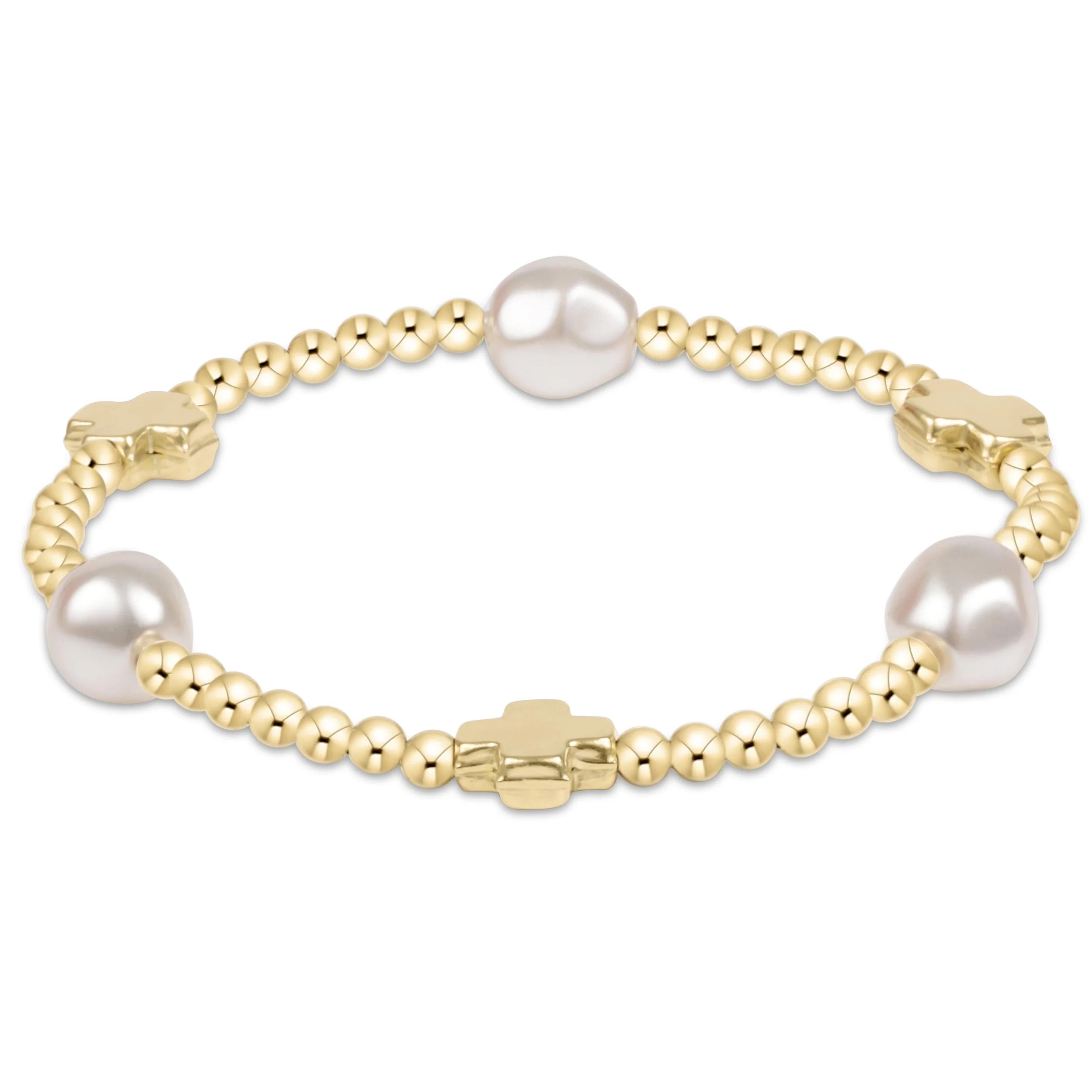 Gold bead bracelet with white pearl centerpiece and cross clasp