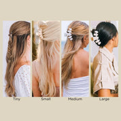 Jet black claw clips in multiple sizes on hair models: Tiny, Small, Medium, Large