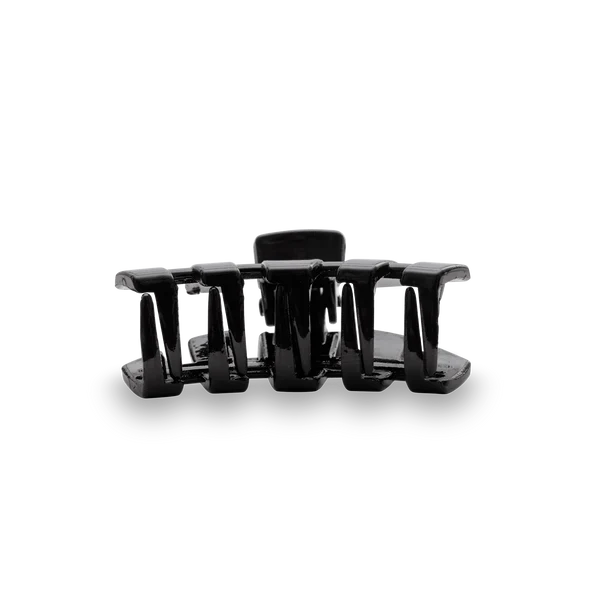 Glossy jet black petite claw clip, open view showing curved grippers