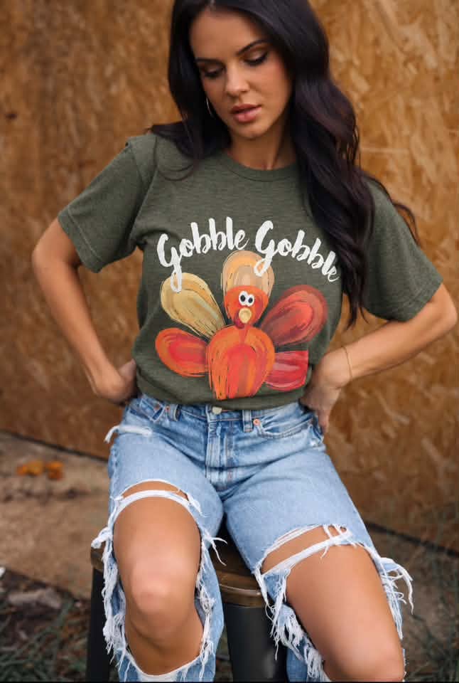 Heather military green graphic tee with turkey Gobble Gobble text