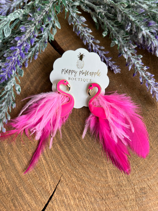Epoxy Flamingo & Feather Earrings