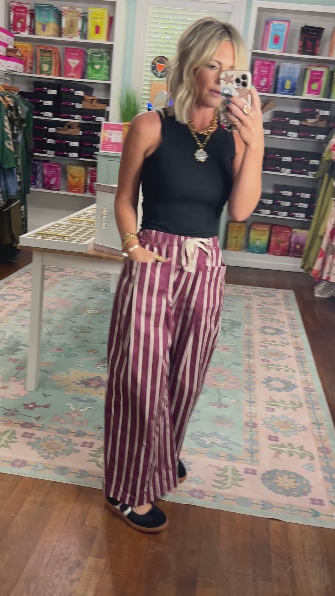 Stripe Season Wide Pocket Pants - Burgundy