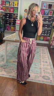 Stripe Season Wide Pocket Pants - Burgundy