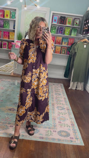 Golden Petals Floral Print Midi Dress