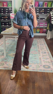 Risen| Tummy Control High Rise Crop Wide Pants - Choco Brown