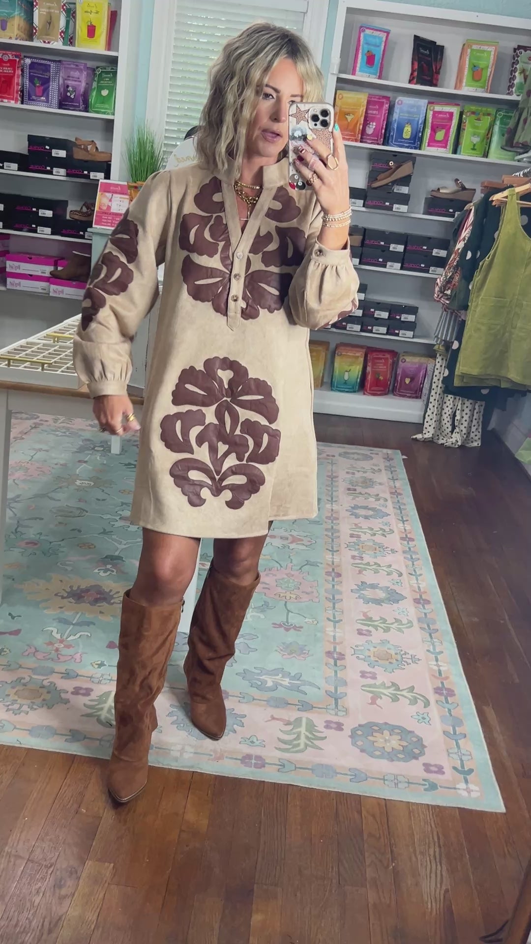 A Delicate Balance Embroidered Faux Leather Applique Dress - Taupe
