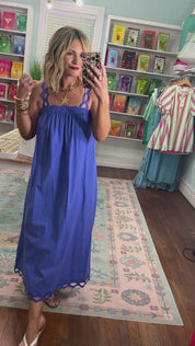 Careful Details Scolloped Strap Midi Dress - Blue