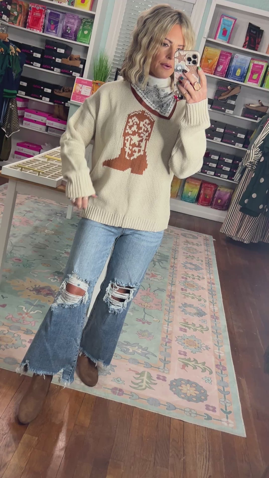 Boot Scootin' Knit Sweater - Stone/Camel
