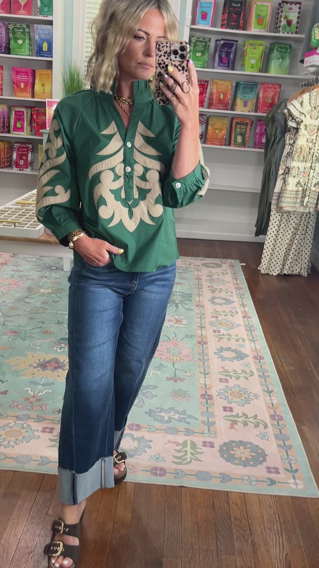 Gently Bold Baroque Appliqué Detail Top - Hunter Green