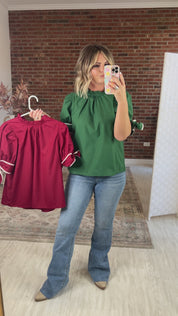 I Want It, I Got It Bow Sleeve Top - Hunter Green