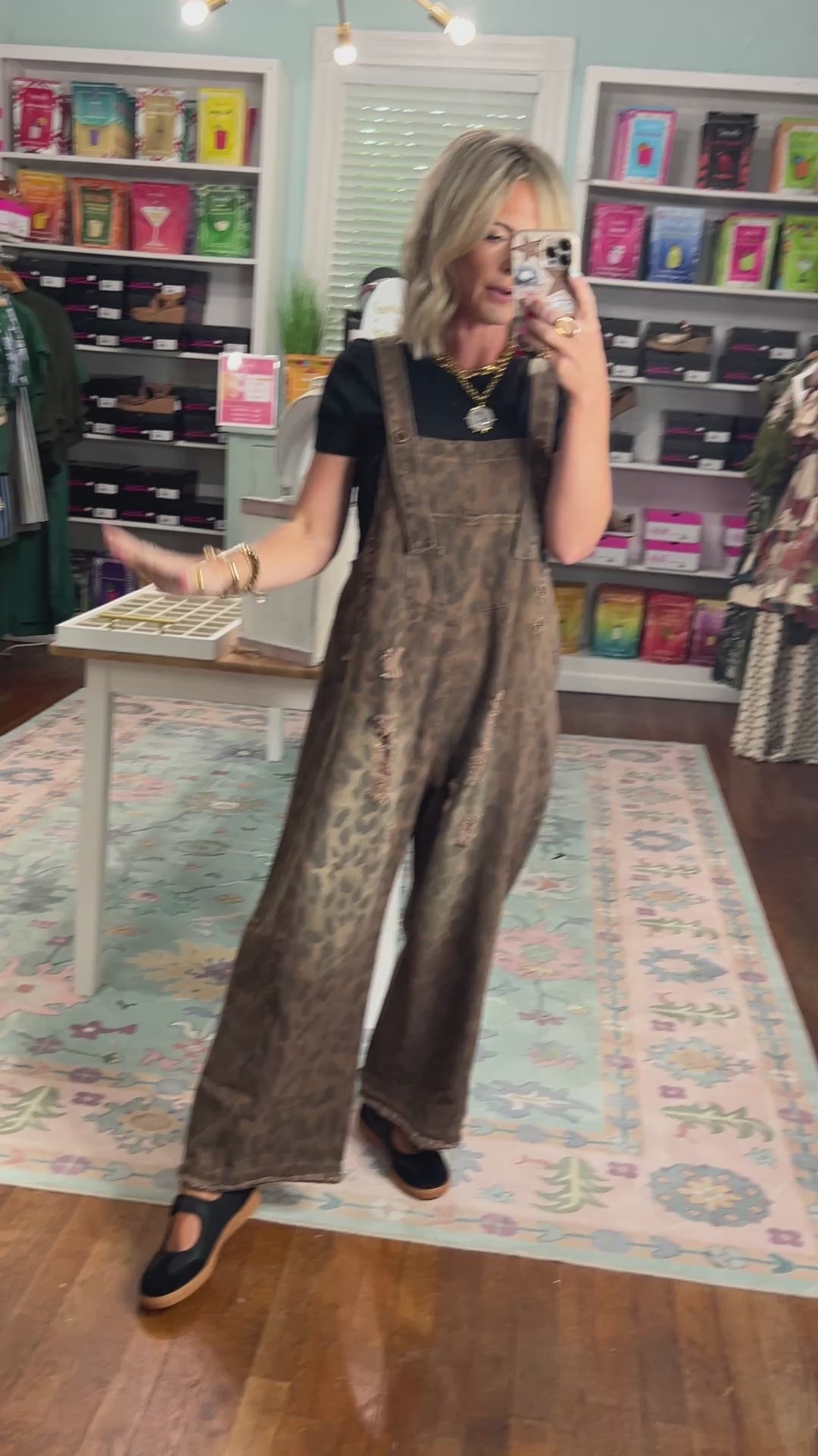 Feline Fine Animal Print Denim Overalls