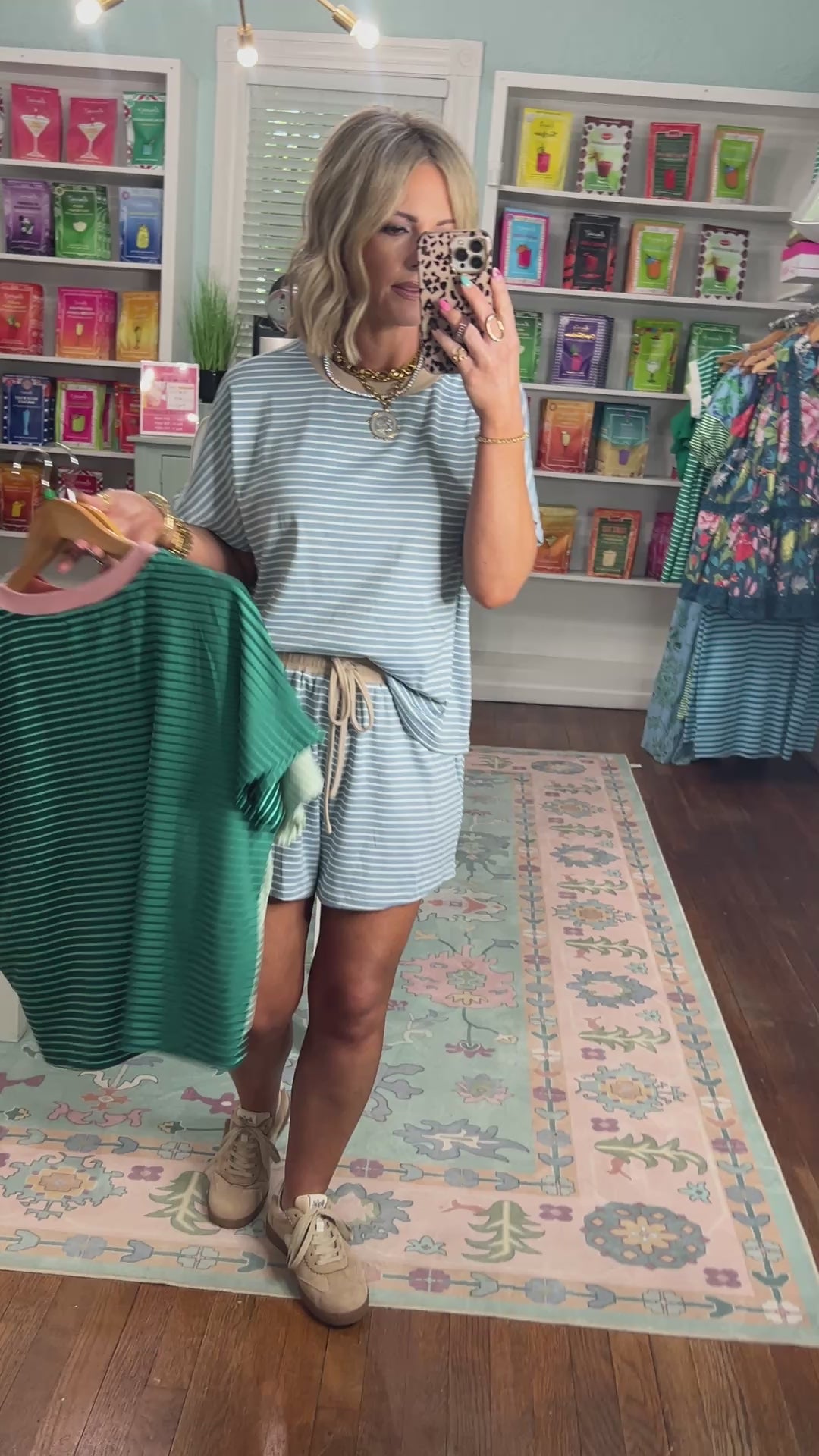 New Days Striped Knit Top and Shorts Set - Pistachio/Salmon