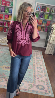 City Socialite Embroidered Top- Burgundy