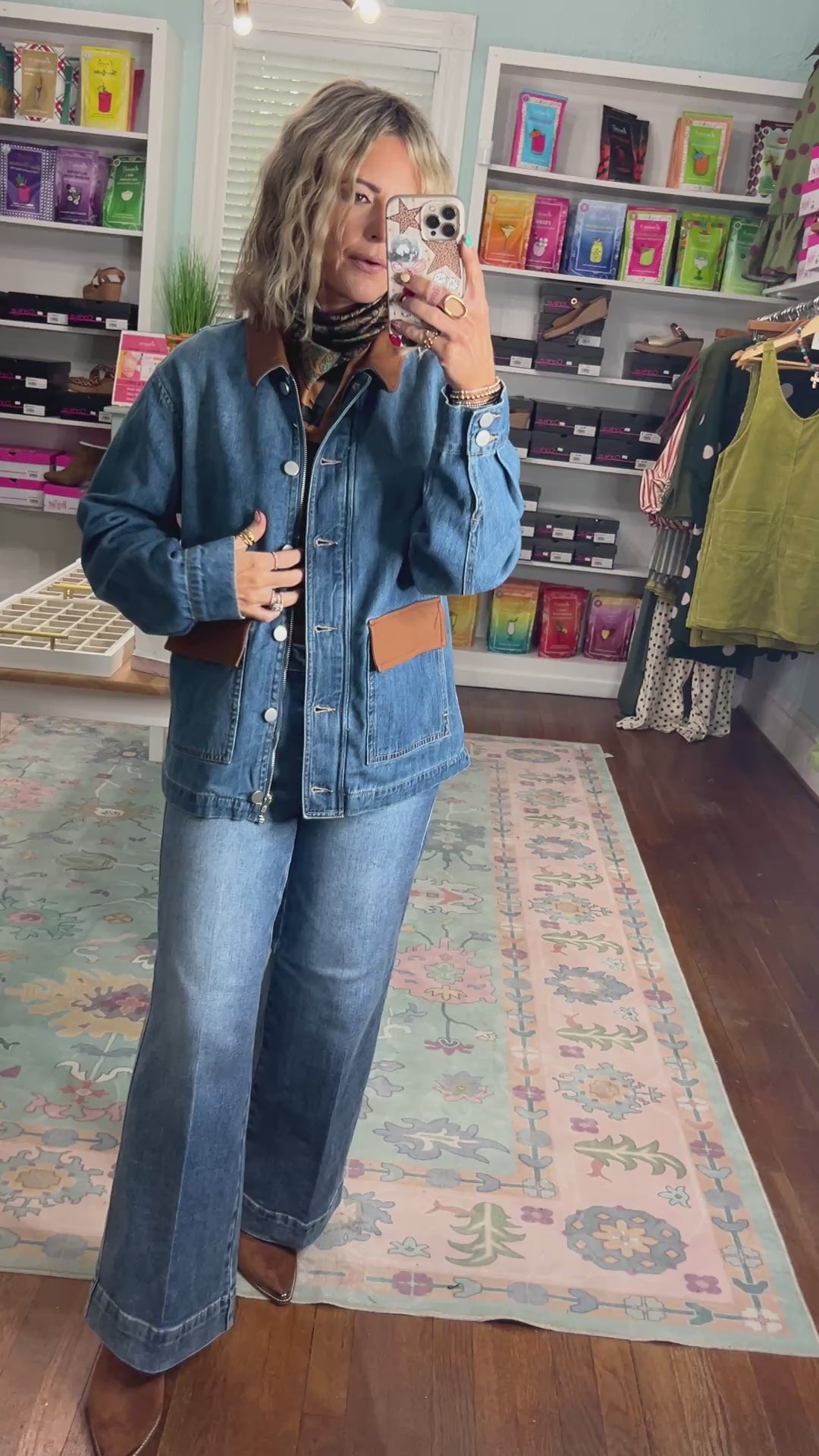 Risen| Leather Collar Contrast Oversized Denim Jacket - Medium Wash