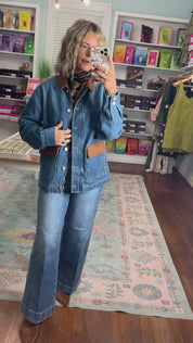 Risen| Leather Collar Contrast Oversized Denim Jacket - Medium Wash