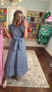 Let's Meet Later Striped Midi Dress - Blue