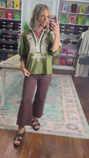 City Socialite Embroidered Top- Olive
