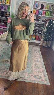 Making a Point Satin Lace Trim Midi Skirt - Camel