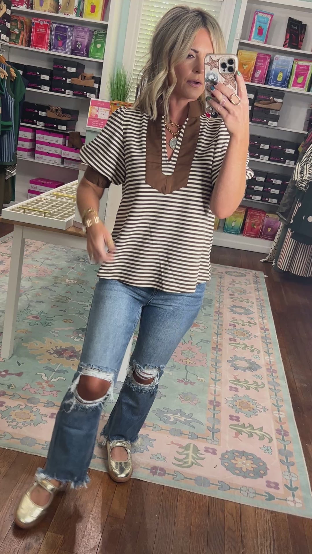 Line and Lovely Short Sleeve Top - Brown