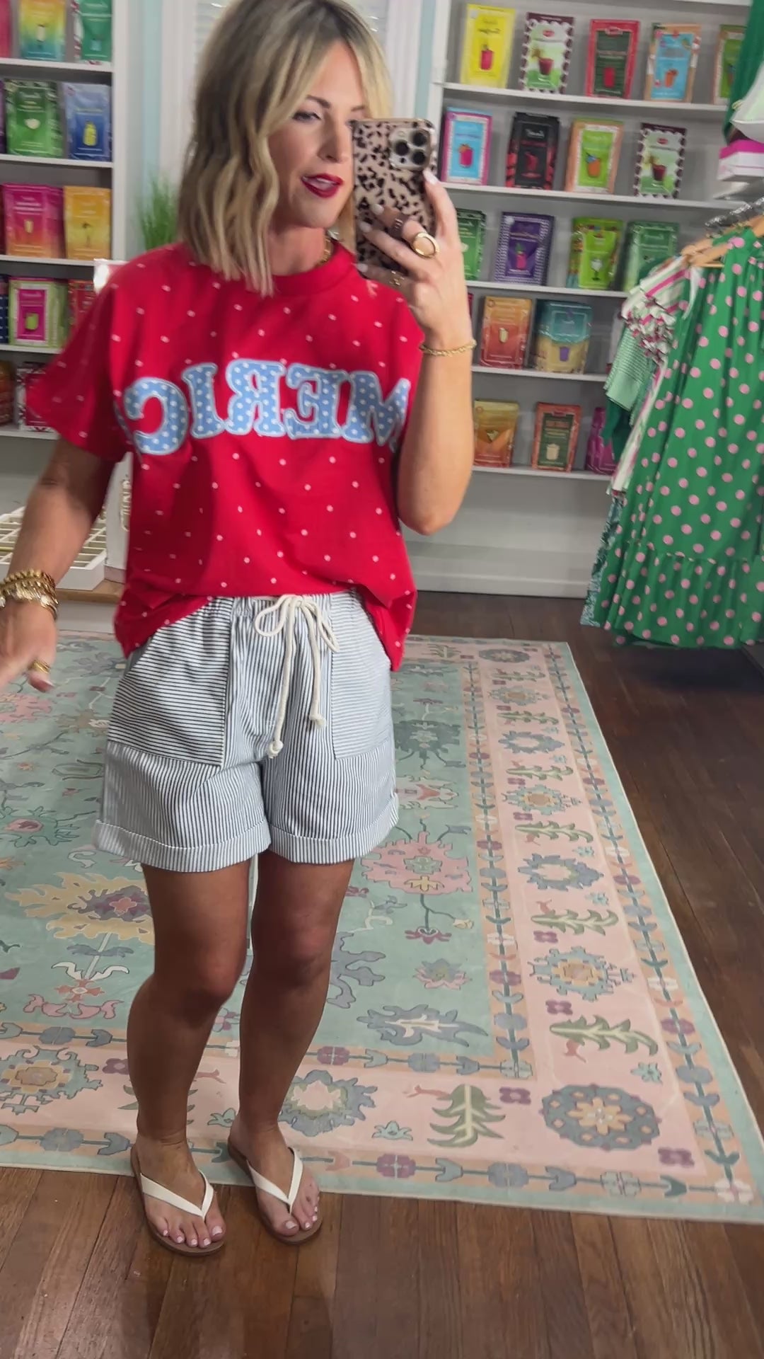 America Patch Polka Dot Knit Top - Blue