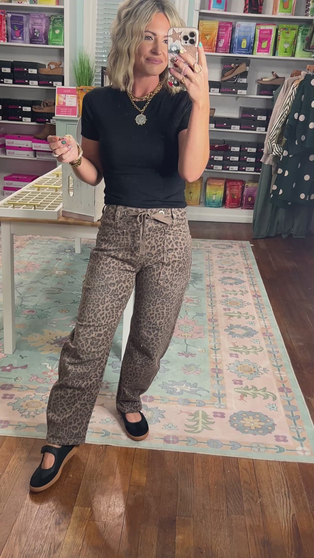 Risen | Slouchy Crop Barrel Pants with Waistband Drawstring and Eyelet Detail - Brown Leopard