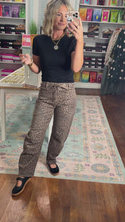 Risen | Slouchy Crop Barrel Pants with Waistband Drawstring and Eyelet Detail - Brown Leopard