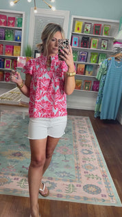 Sunset Hibiscus Floral Print Top - Red