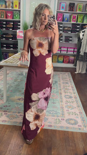 Botanical Bliss Strapless Maxi Dress - Burgundy