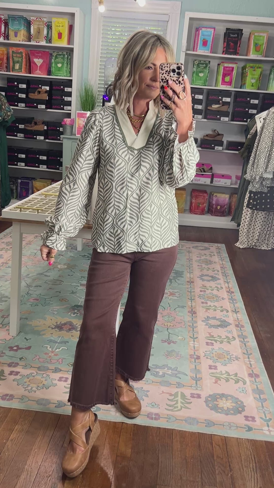 Autumn Whisper Botanical Puff Blouse - Mocha