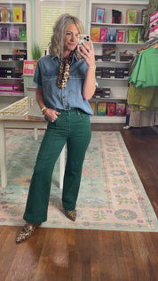 Risen | Tummy Control High Rise Crop Wide Pants - Hunter Green