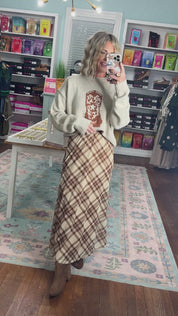 Reach Out Plaid Midi Skirt - Taupe/Brown