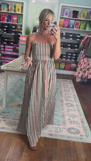 Striped and Stunning Strapless Maxi Dress- Multi