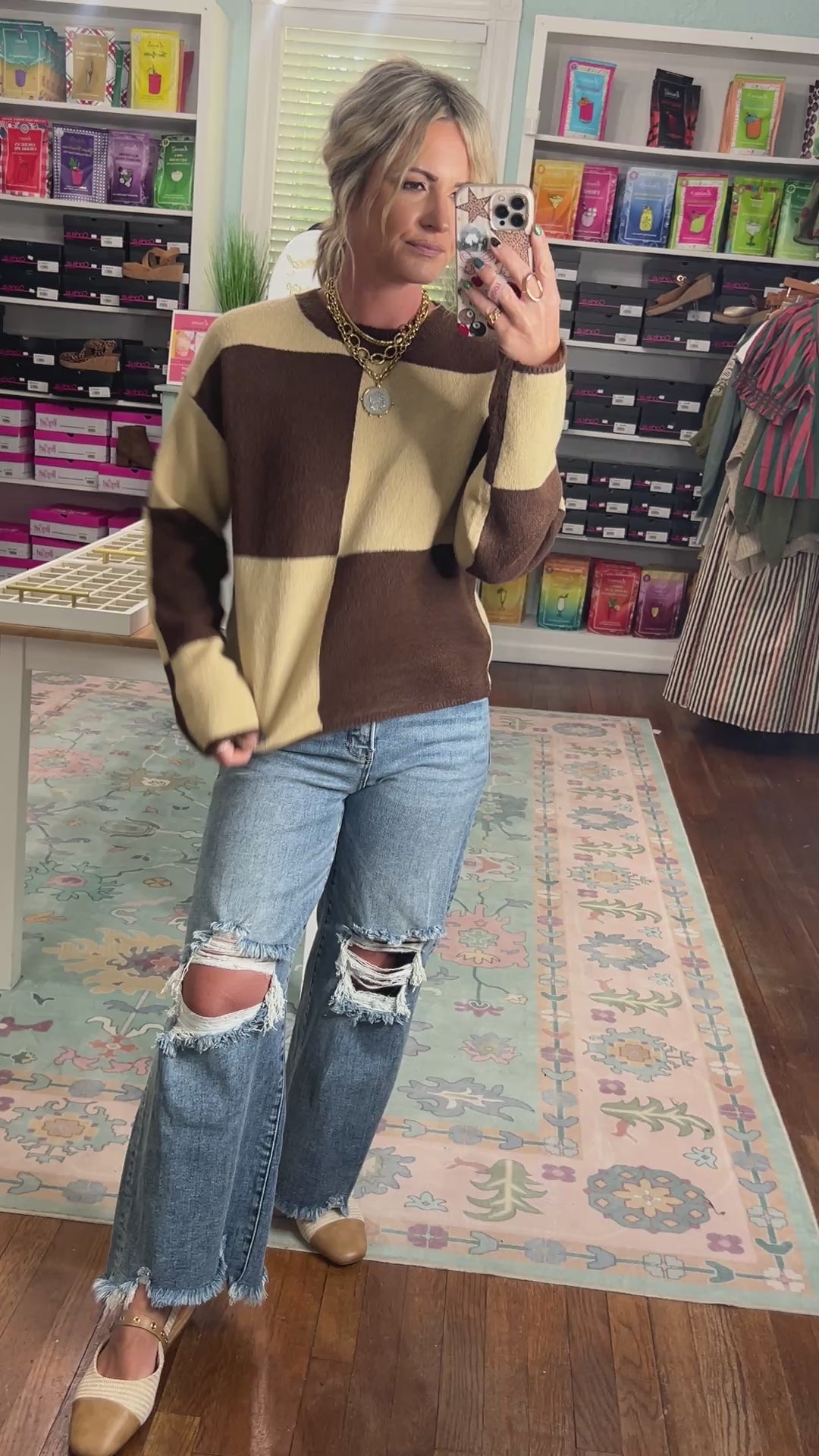 It All Checks Out Crew Neck Sweater - Dark Brown