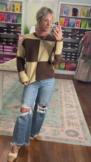 It All Checks Out Crew Neck Sweater - Dark Brown