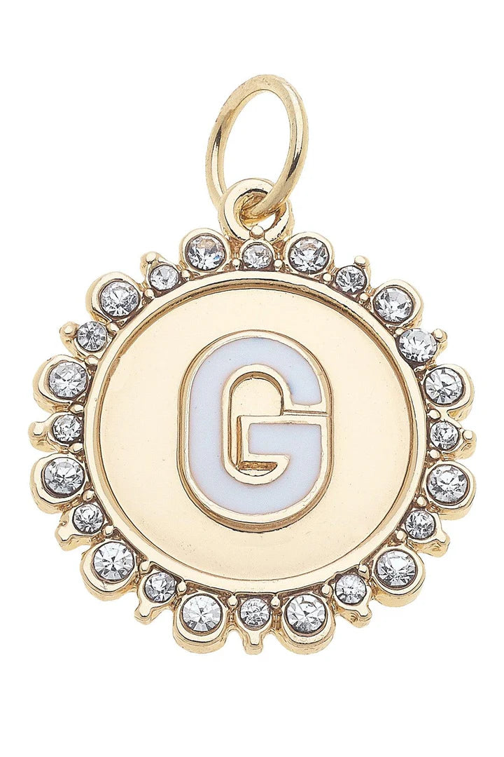 Rhinestone - Studded Enamel Letter Disc Charm in Shiny Gold