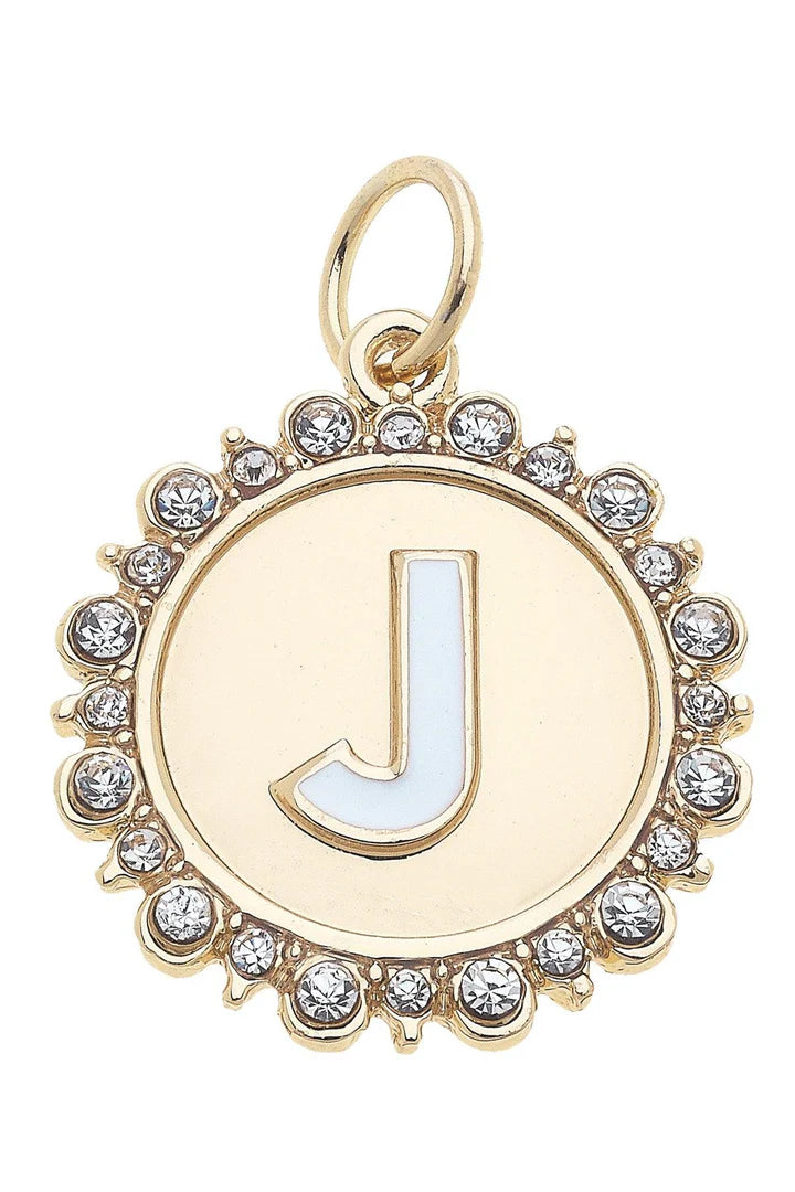 Rhinestone - Studded Enamel Letter Disc Charm in Shiny Gold
