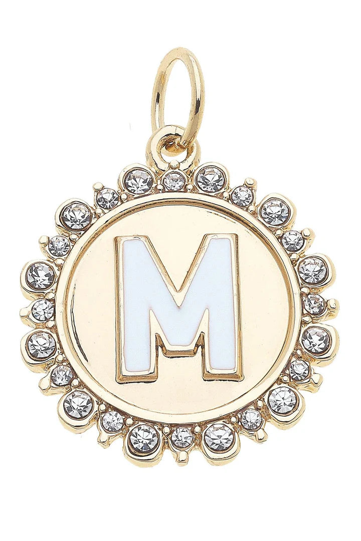Rhinestone - Studded Enamel Letter Disc Charm in Shiny Gold