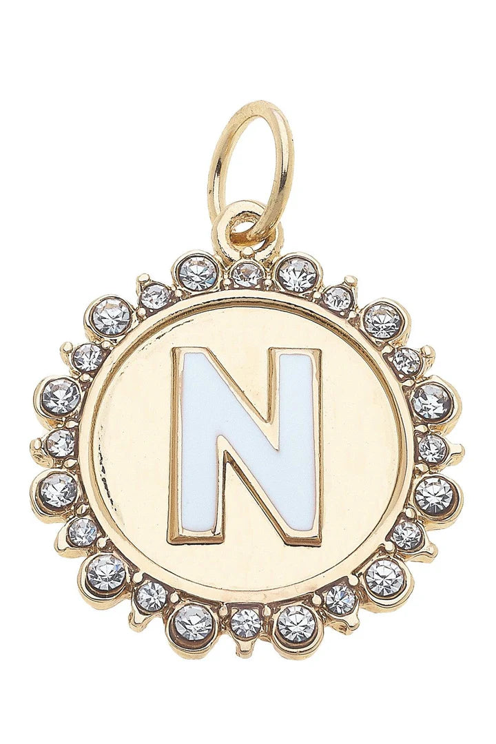 Rhinestone - Studded Enamel Letter Disc Charm in Shiny Gold
